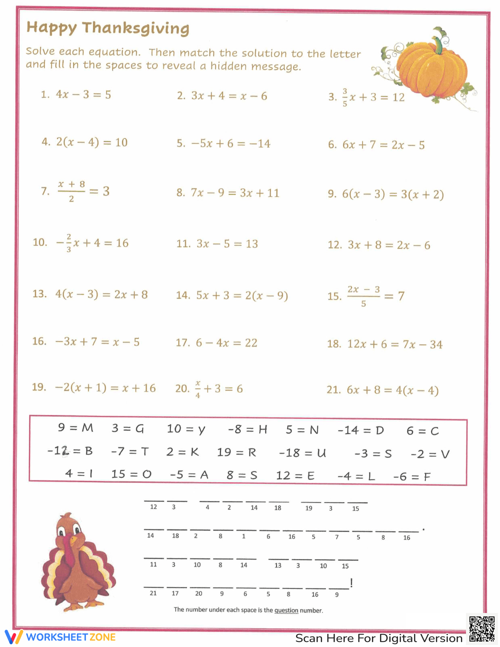 Thanksgiving Algebra Worksheets inside Thanksgiving Algebra Worksheets