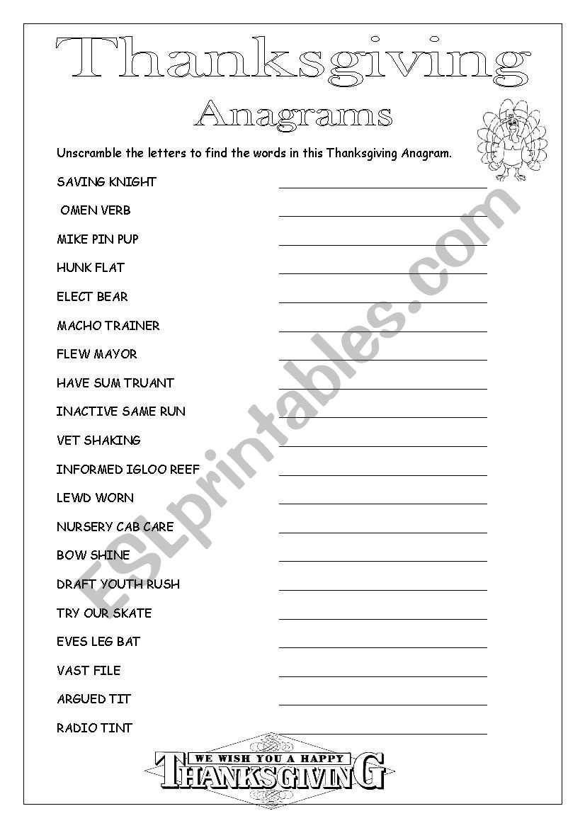 Thanksgiving Anagrams - Esl Worksheetloretta01 inside Thanksgiving Anagrams Worksheet Answers