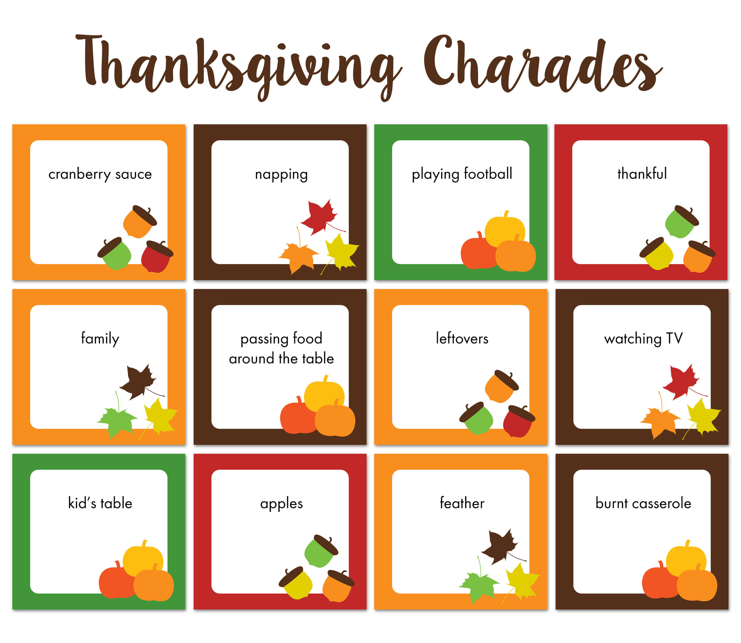 Thanksgiving Charades, For Kids, Thanksgiving Game, Printable Game in Thanksgiving Charades Printable