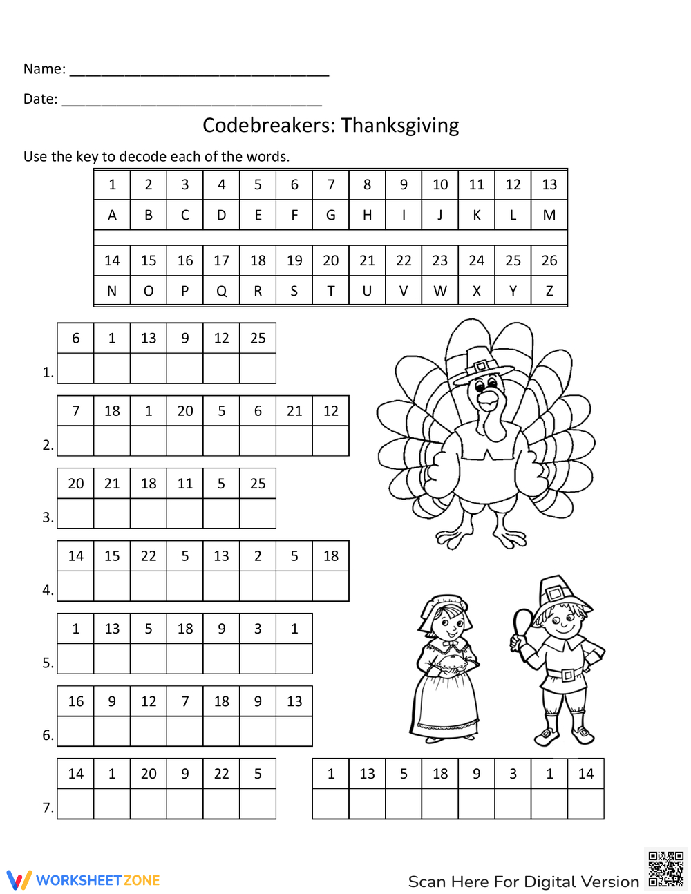 Thanksgiving Codebreakers Worksheet pertaining to Thanksgiving Decoding Worksheets