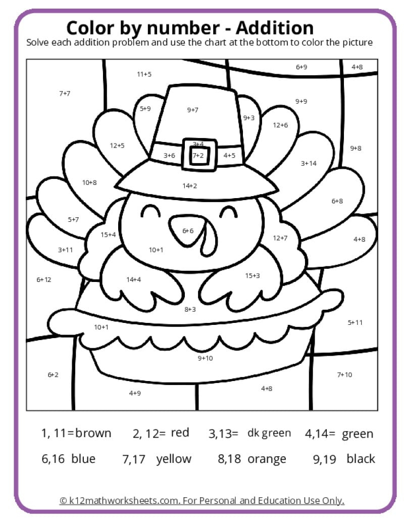 Thanksgiving Colornumber Pages - K12 Math Worksheets in Thanksgiving Addition Worksheet