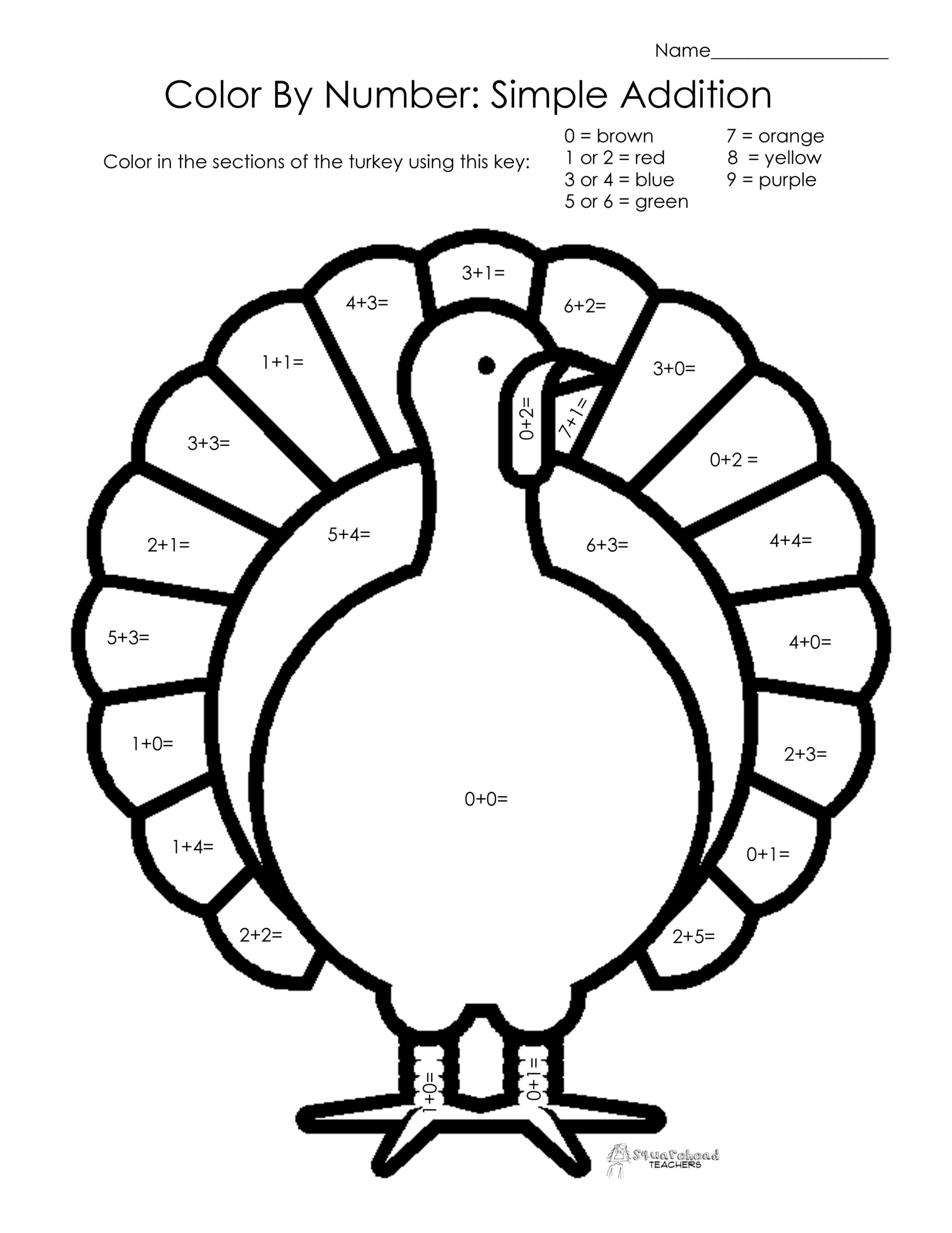 Thanksgiving Colornumber: Simple Addition | Squarehead Teachers for Thanksgiving Addition Worksheet