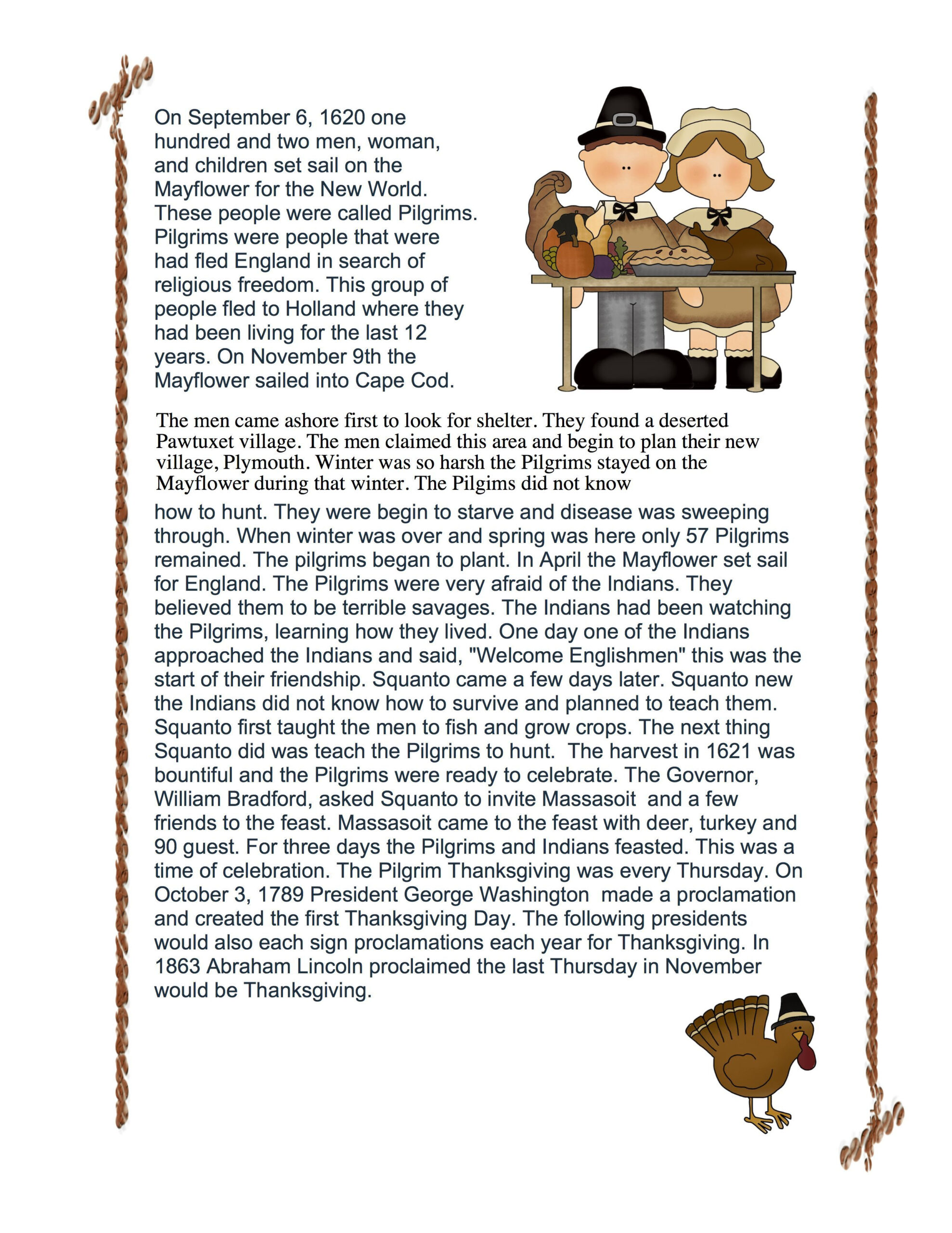 Thanksgiving Comprehension for Thanksgiving Story Worksheet