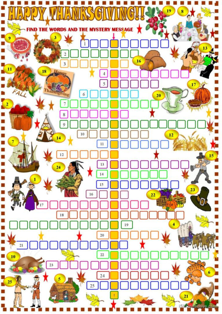 Thanksgiving Crossword Puzzle Worksheet Answer Key