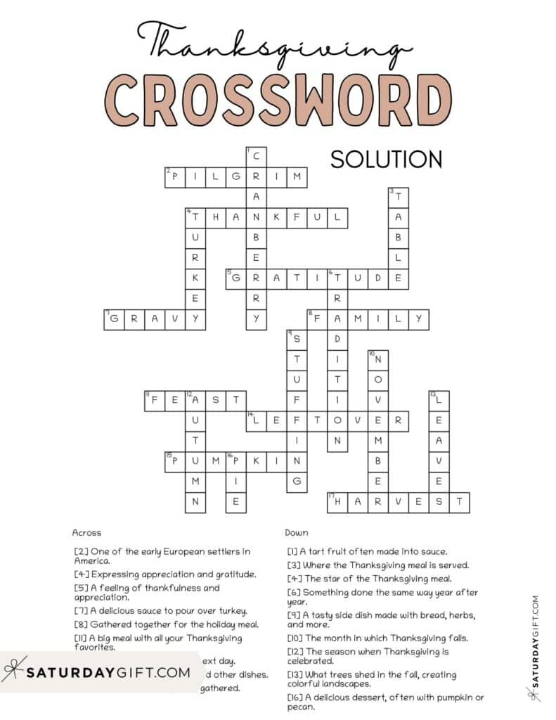 Thanksgiving Crossword Puzzle - Cute &amp;amp; Free Printable | Saturdaygift intended for Thanksgiving Crossword Puzzle Worksheet Answer Key