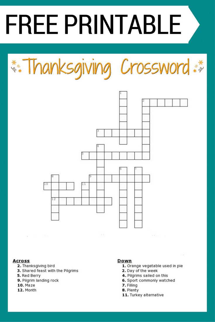 Thanksgiving Crossword Puzzle Free Printable For Kids Or Adults for Free Thanksgiving Crossword Puzzles Printable