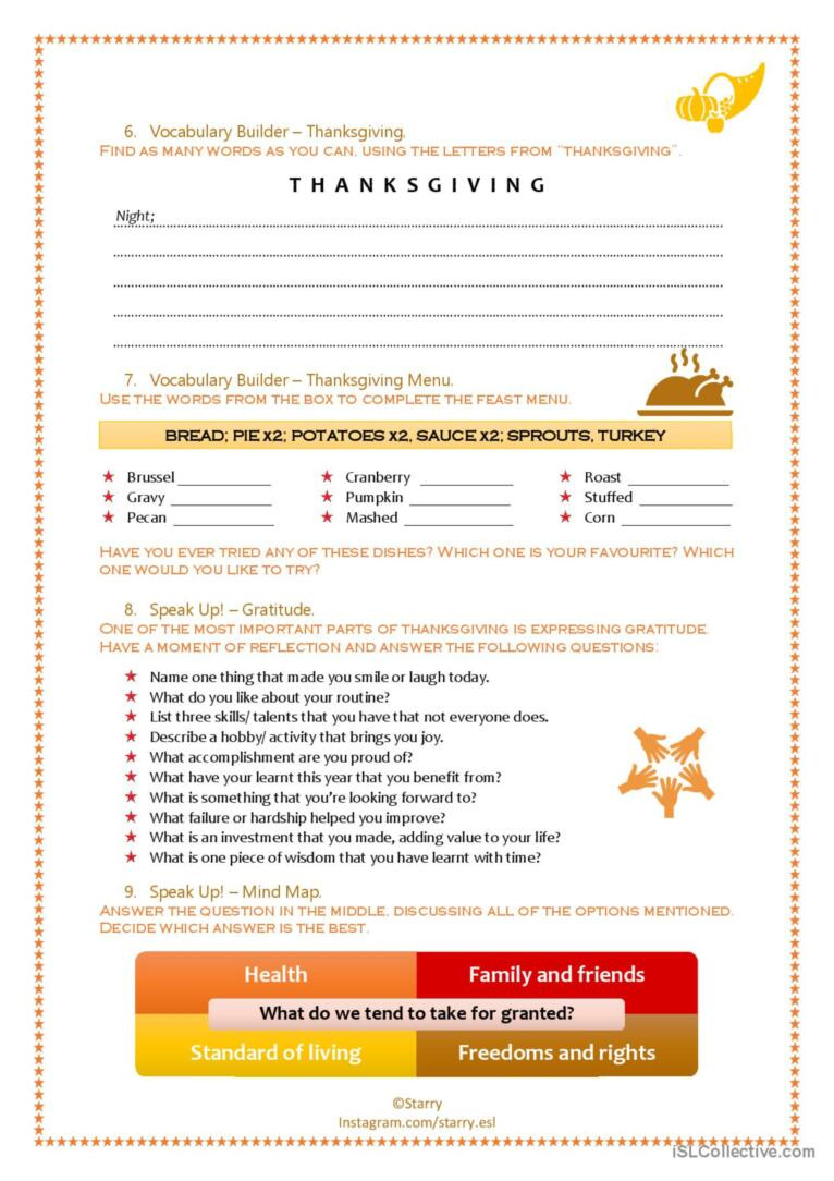 Thanksgiving Day &amp;amp; Indigenous People…: English Esl Worksheets Pdf throughout Thanksgiving a Day of Thanks Worksheet Answers