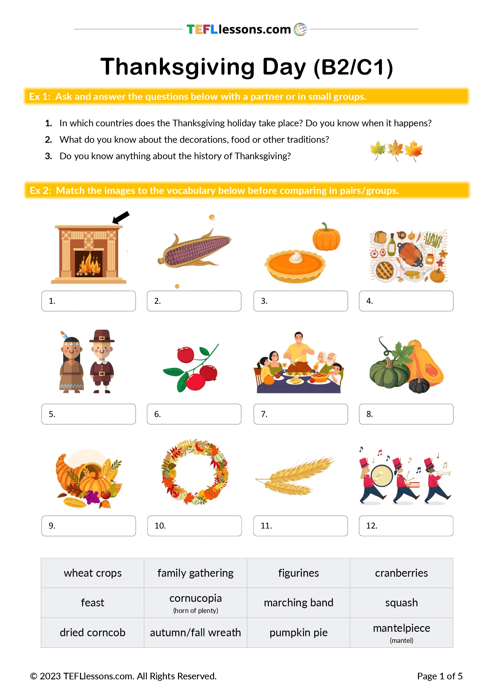 Thanksgiving Day Lesson - Tefl Lessons - Tefllessons | Free for Thanksgiving Day Worksheets Esl