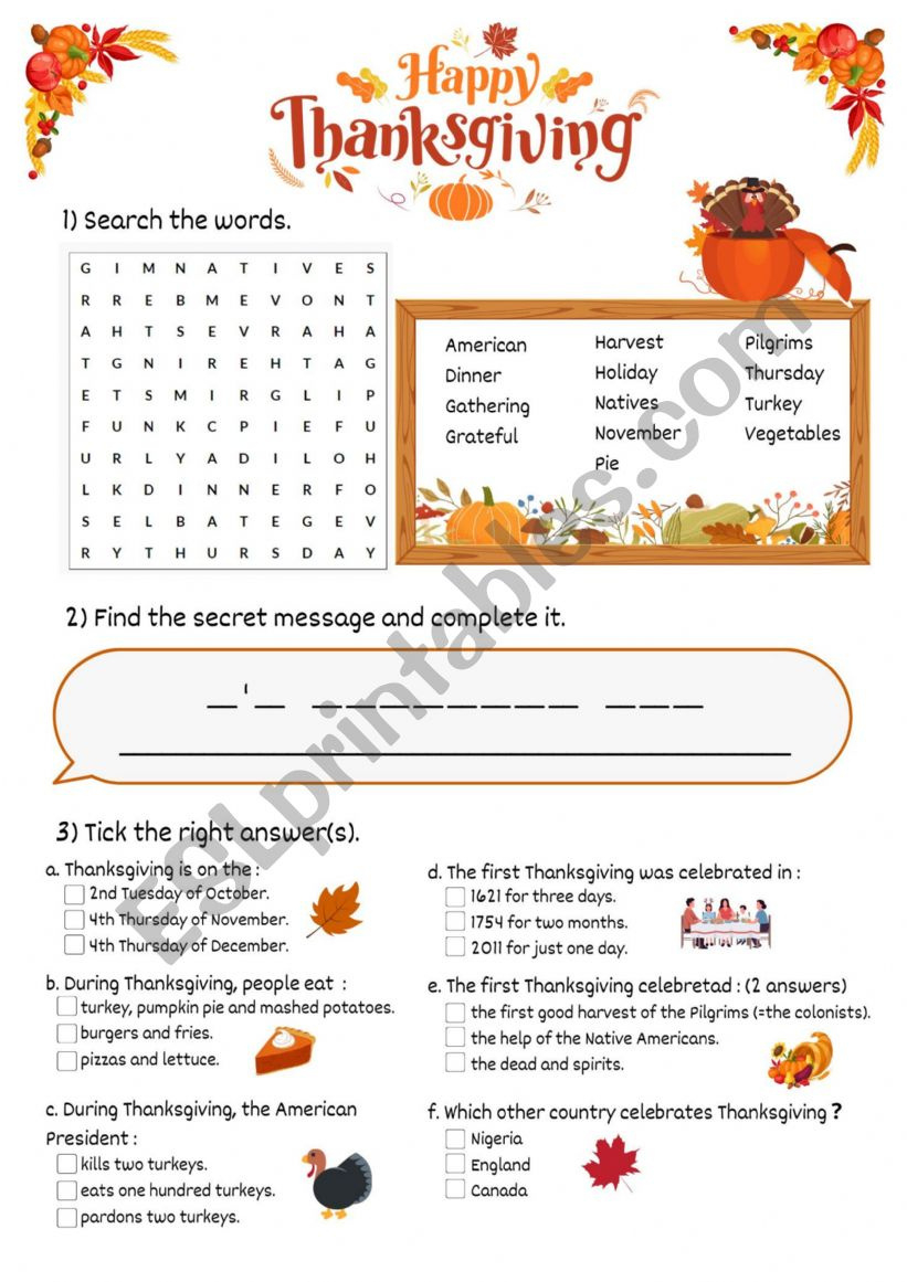 Thanksgiving - Esl Worksheetmjouanne with regard to Free Printable ESL Thanksgiving Worksheets