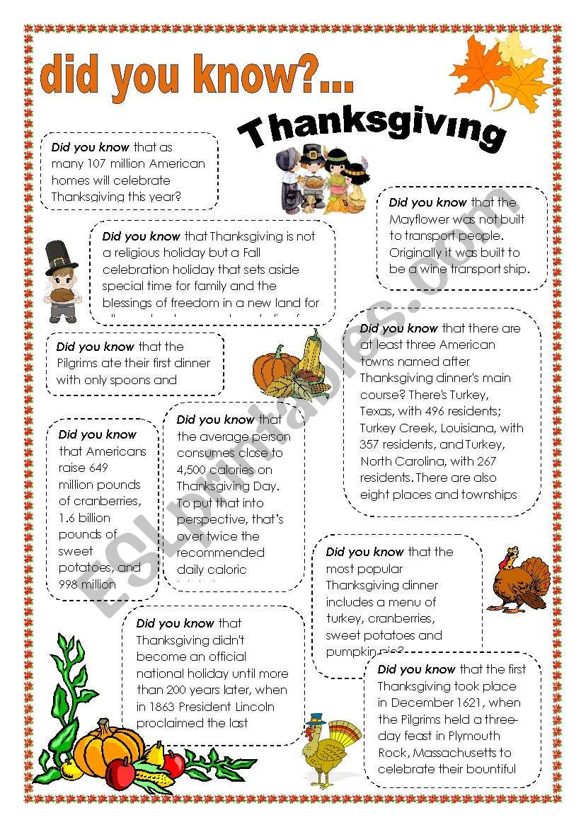 Thanksgiving Facts - Esl Worksheetintothefire throughout Thanksgiving Facts Worksheet