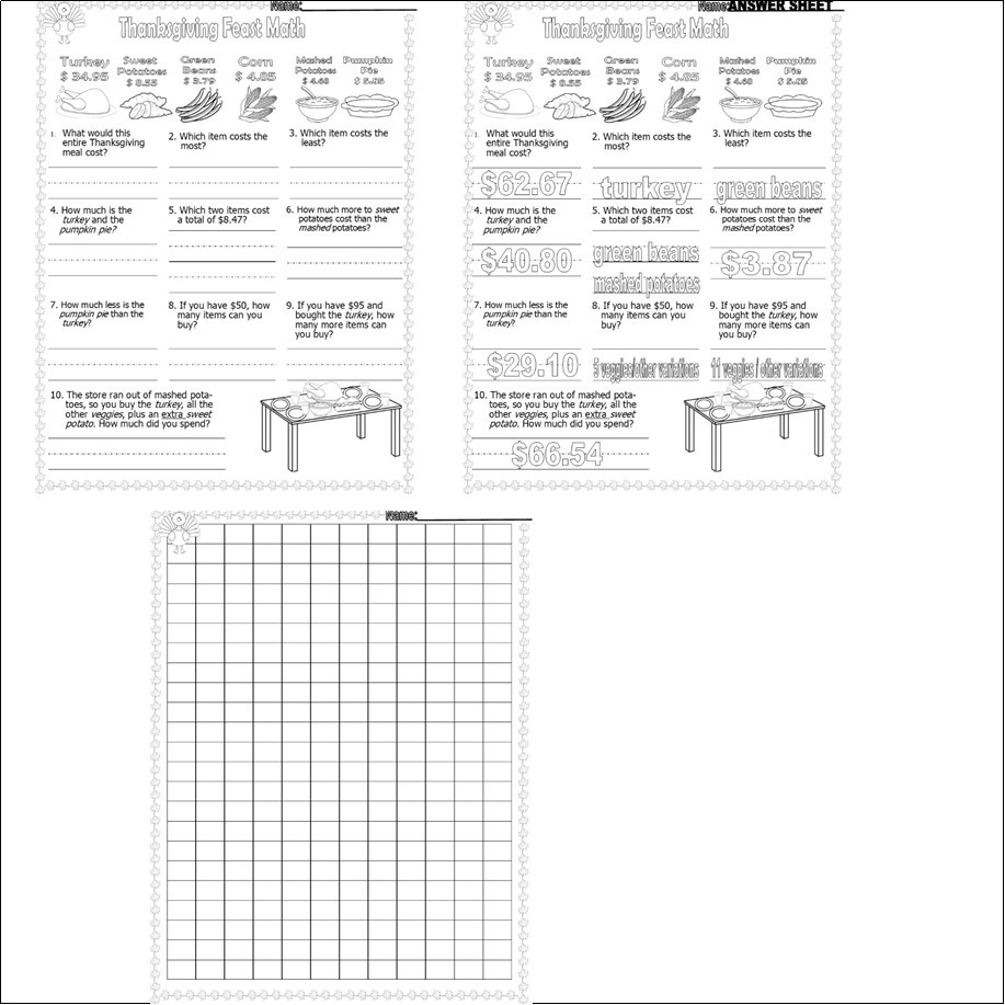 Thanksgiving Feast Counting Money Math Worksheet Word Problems regarding Thanksgiving Money Math Worksheets