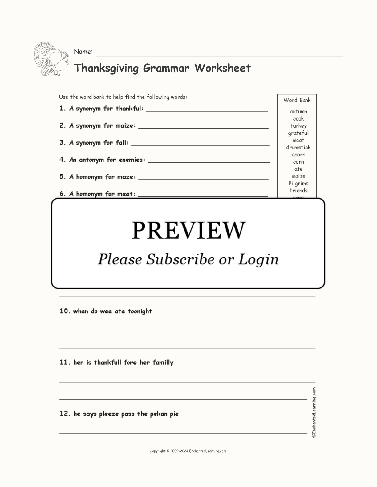 Thanksgiving Grammar Worksheet - Enchanted Learning throughout Thanksgiving Grammar Worksheets