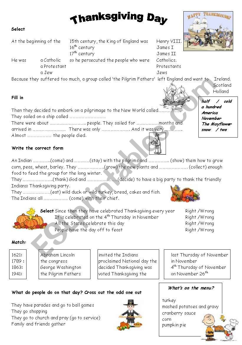 Thanksgiving: History And Traditions - Esl Worksheetjackella for The History Of Thanksgiving Worksheet