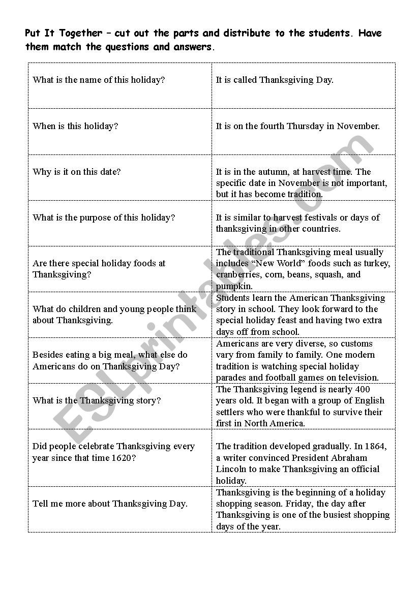 Thanksgiving History - Mataching Cards - Esl Worksheetbetis pertaining to The Real Story of Thanksgiving History Channel Worksheet Answers