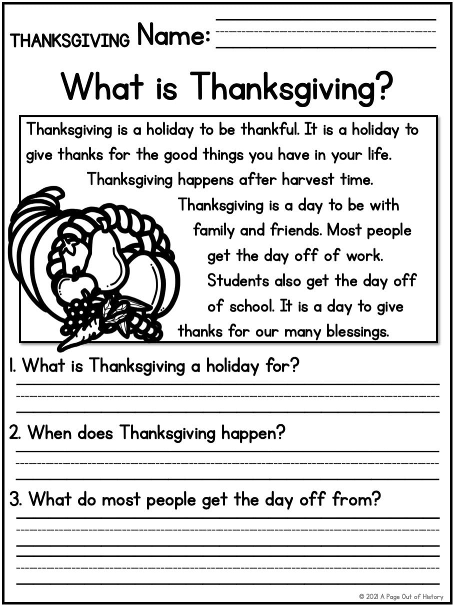 Thanksgiving Holidays Reading Comprehension Passages K-2 for Reading Comprehension Worksheets On Thanksgiving