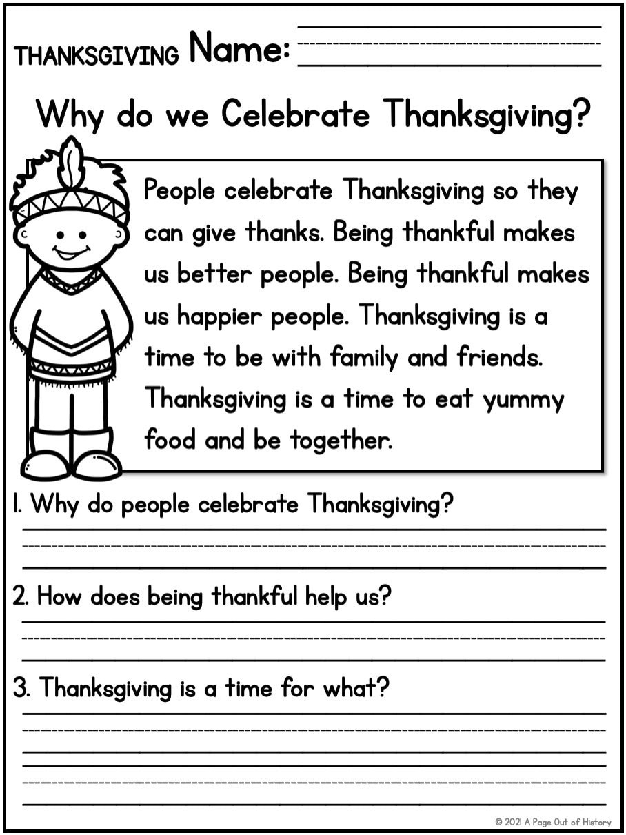 Thanksgiving Holidays Reading Comprehension Passages K-2 inside Kindergarten Thanksgiving Reading Worksheets