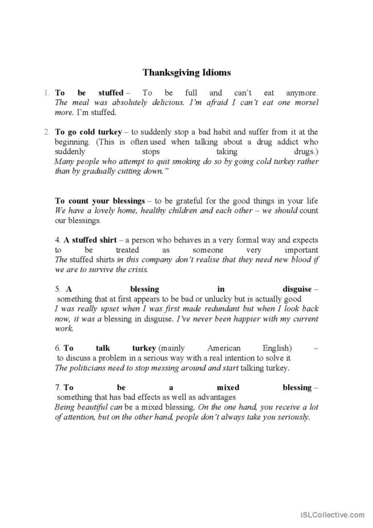 Thanksgiving Idioms: English Esl Worksheets Pdf &amp;amp; Doc with regard to Thanksgiving Idioms Worksheet