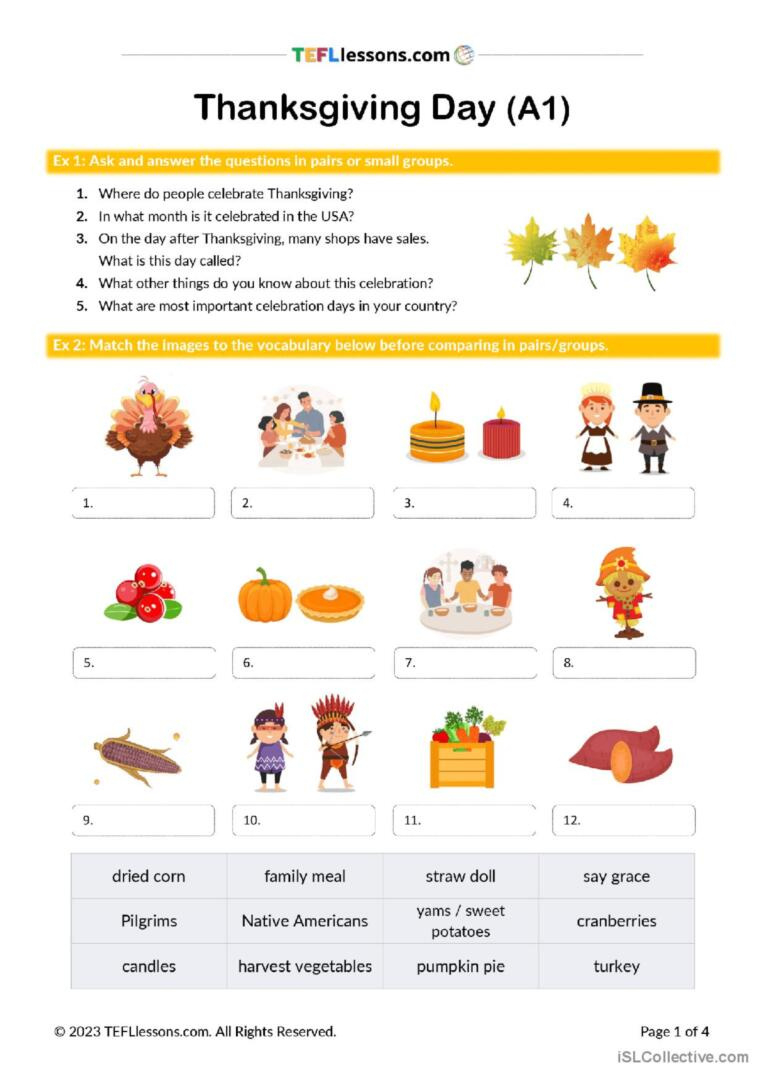 Thanksgiving Lesson (A1 Level) Gener…: English Esl Worksheets Pdf intended for Thanksgiving English Worksheets