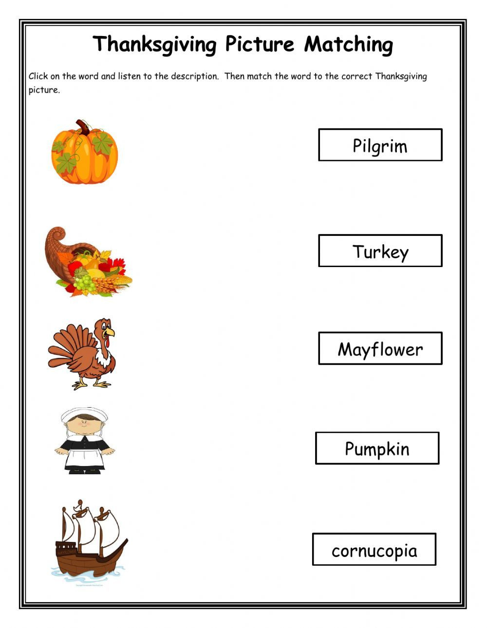 Thanksgiving Matching Worksheet 1 Worksheet with regard to Thanksgiving Matching Worksheet