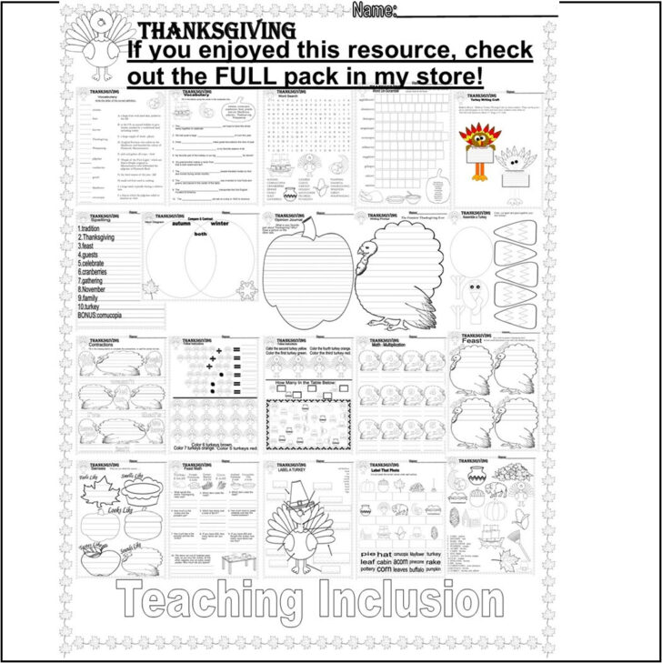 Thanksgiving Math Worksheets 7th Grade