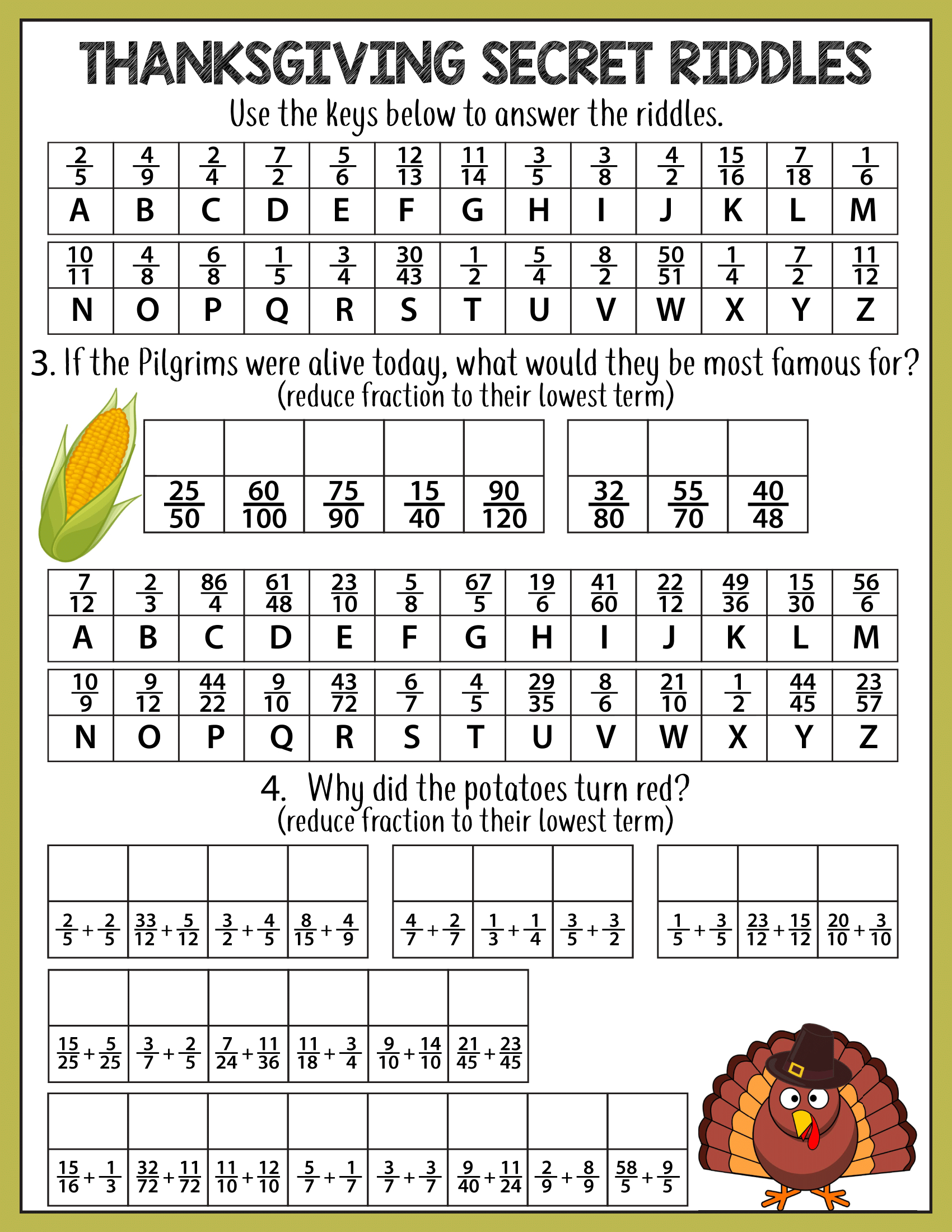 Thanksgiving Math Riddles--Decimals Percents Fractions for Thanksgiving Riddles Math Worksheet Answers