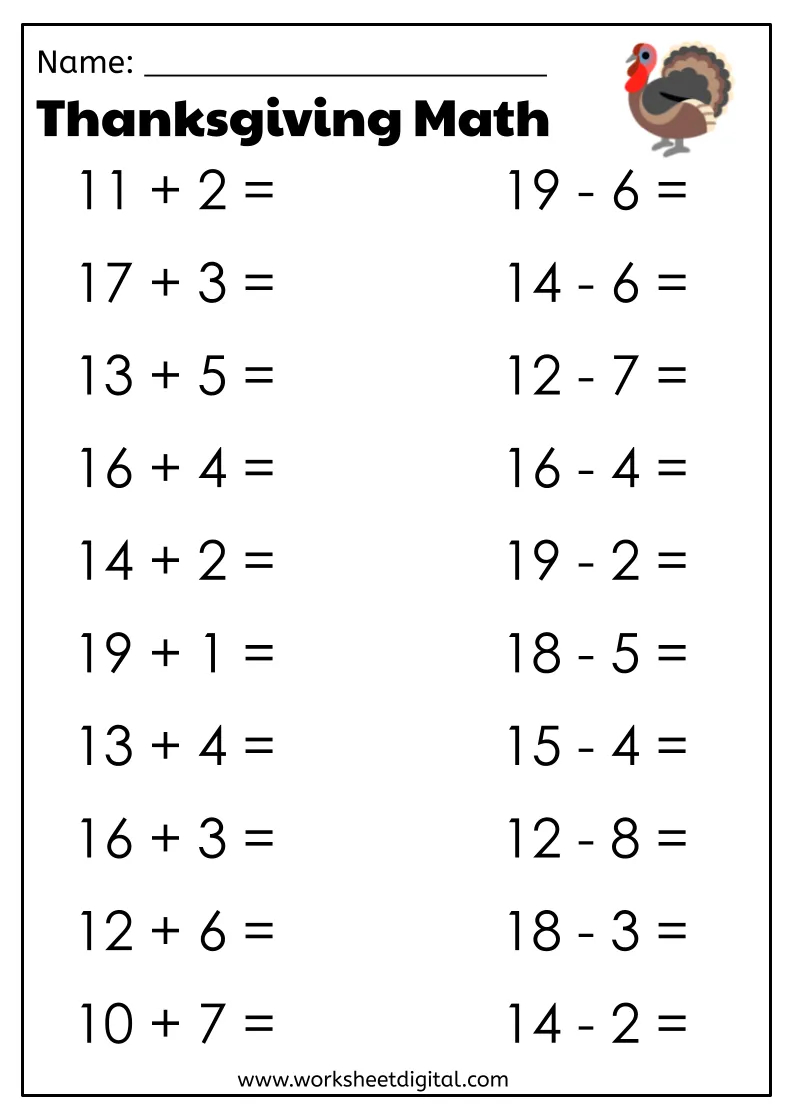 Thanksgiving Math - Worksheet Digital for Thanksgiving Addition Worksheet