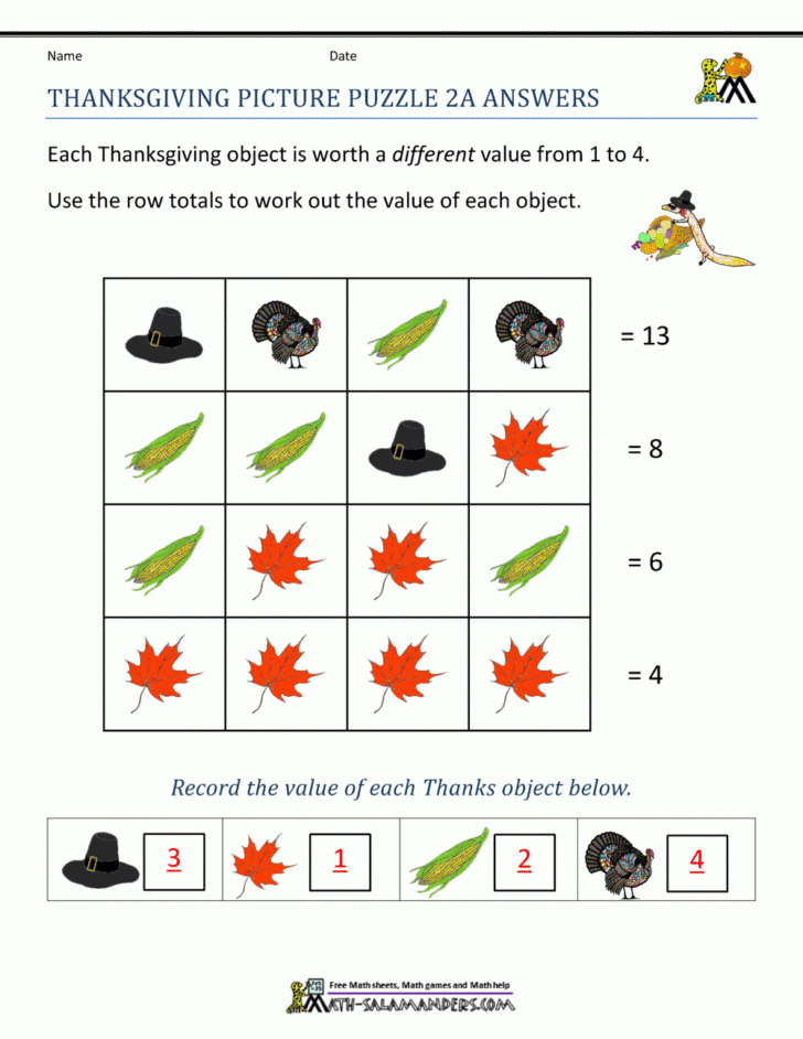 Thanksgiving Riddles Math Worksheet Answers