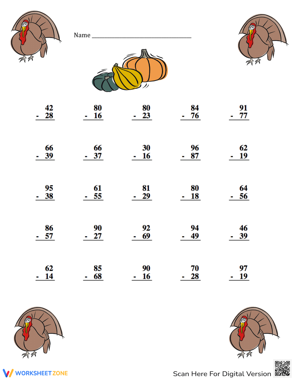 Thanksgiving Math Worksheets inside Thanksgiving Subtraction With Regrouping Worksheets