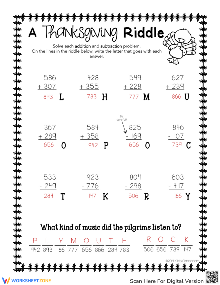 Thanksgiving Math Riddle Worksheet