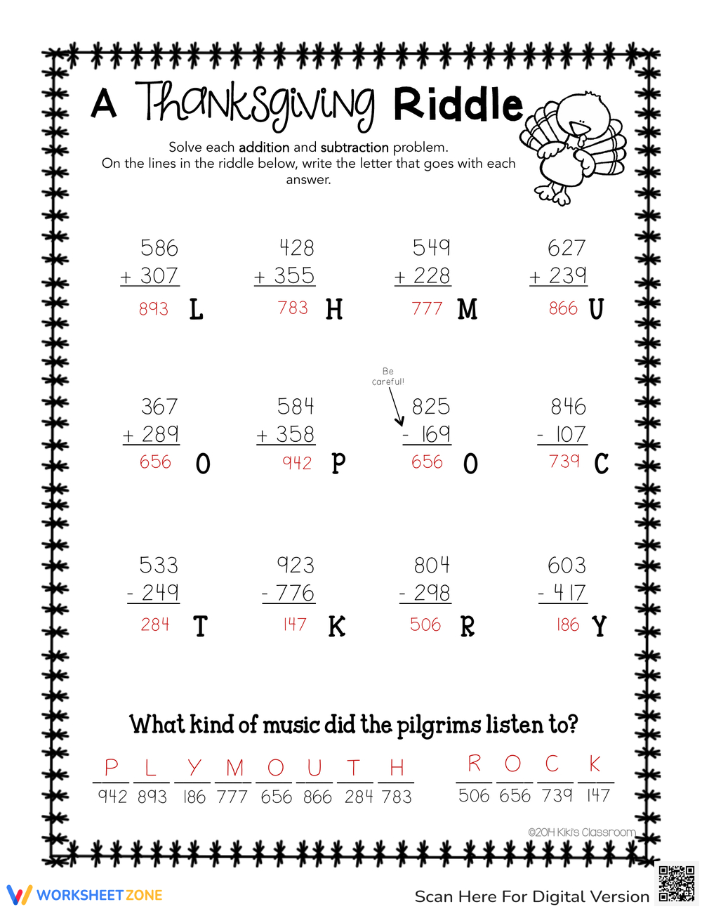 Thanksgiving Math Worksheets intended for Thanksgiving Math Riddle Worksheet