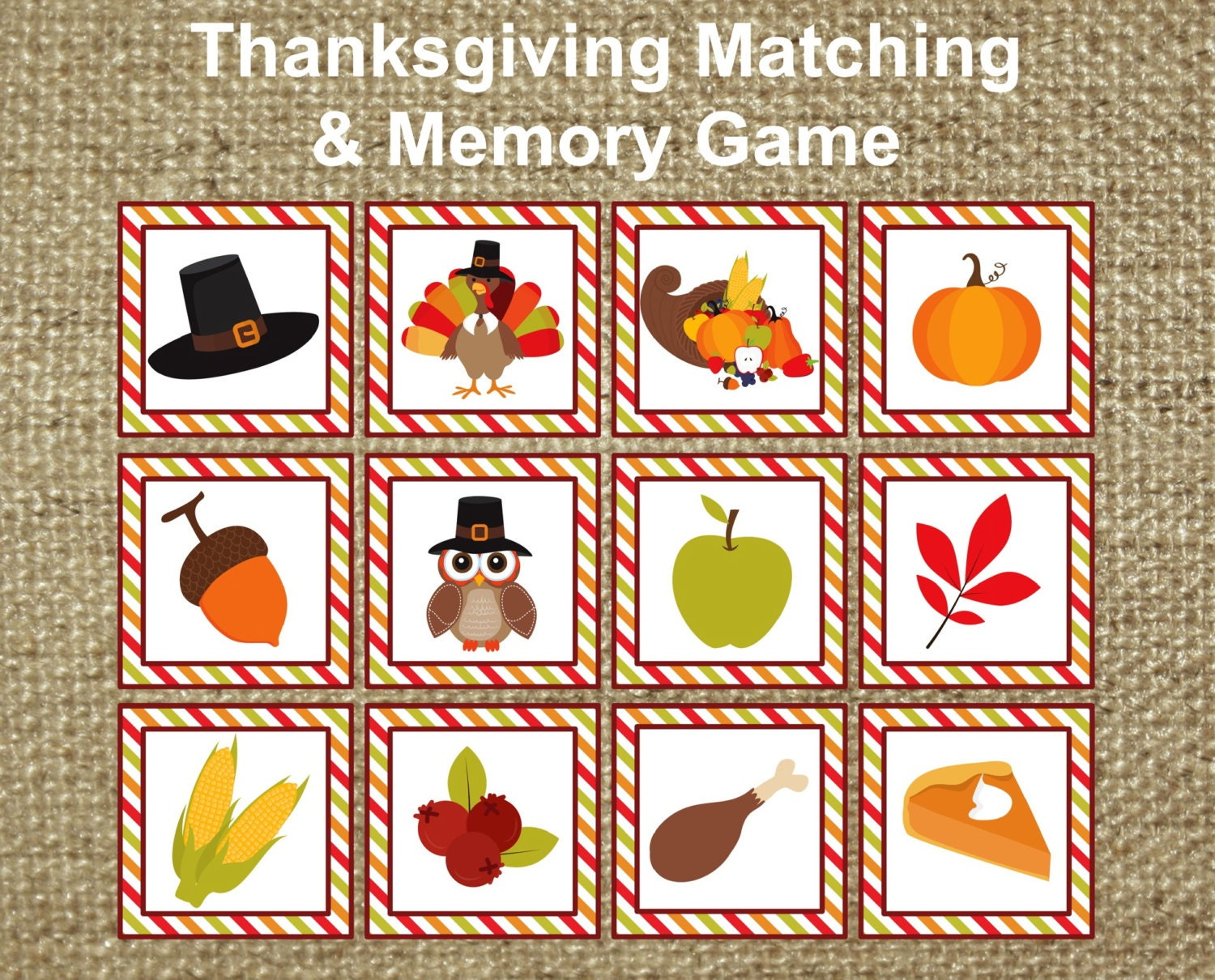 Thanksgiving Memory &amp;amp; Matching Game. Instant Digital Download in Thanksgiving Matching Game Printable