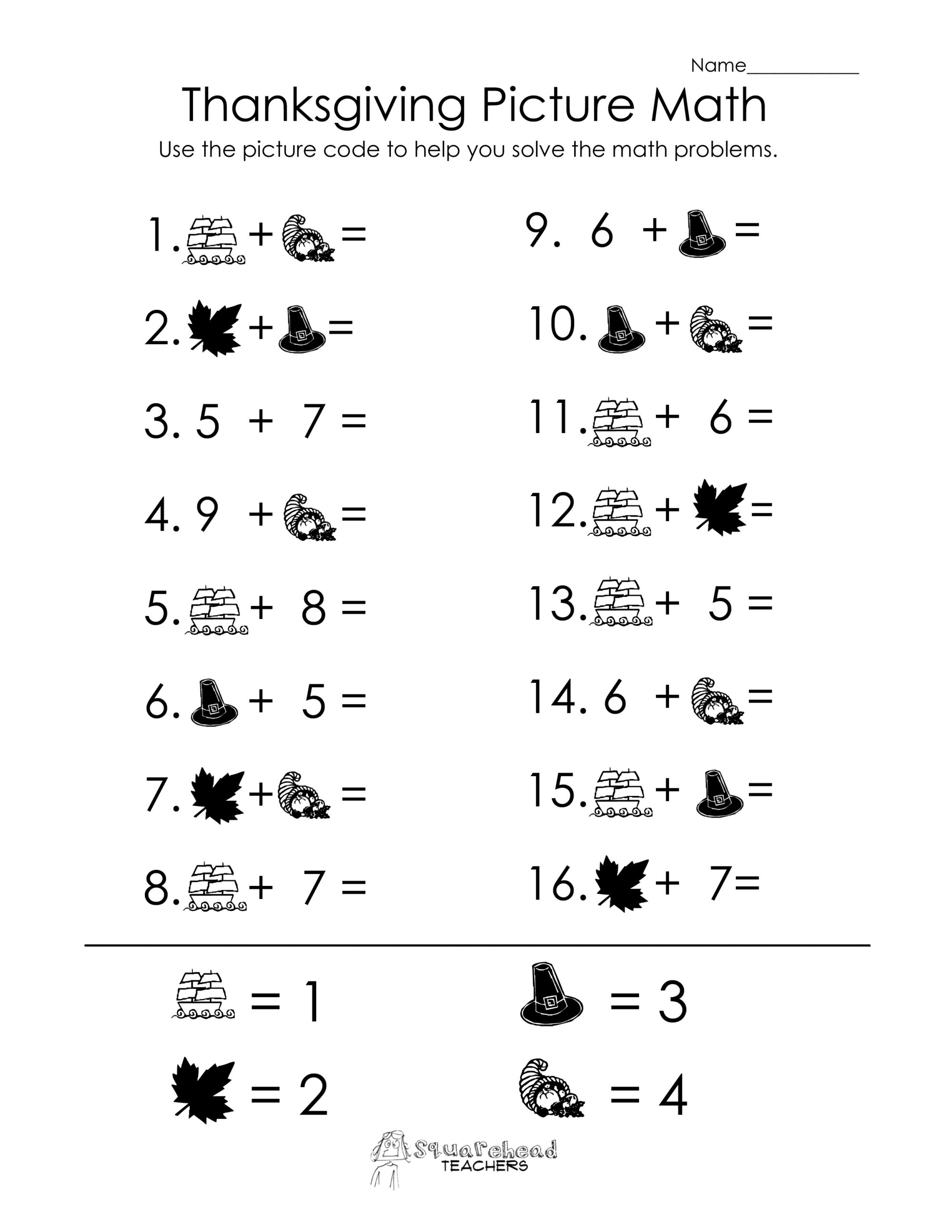 Thanksgiving Picture Math Worksheet | Squarehead Teachers in Algebra Thanksgiving Worksheets