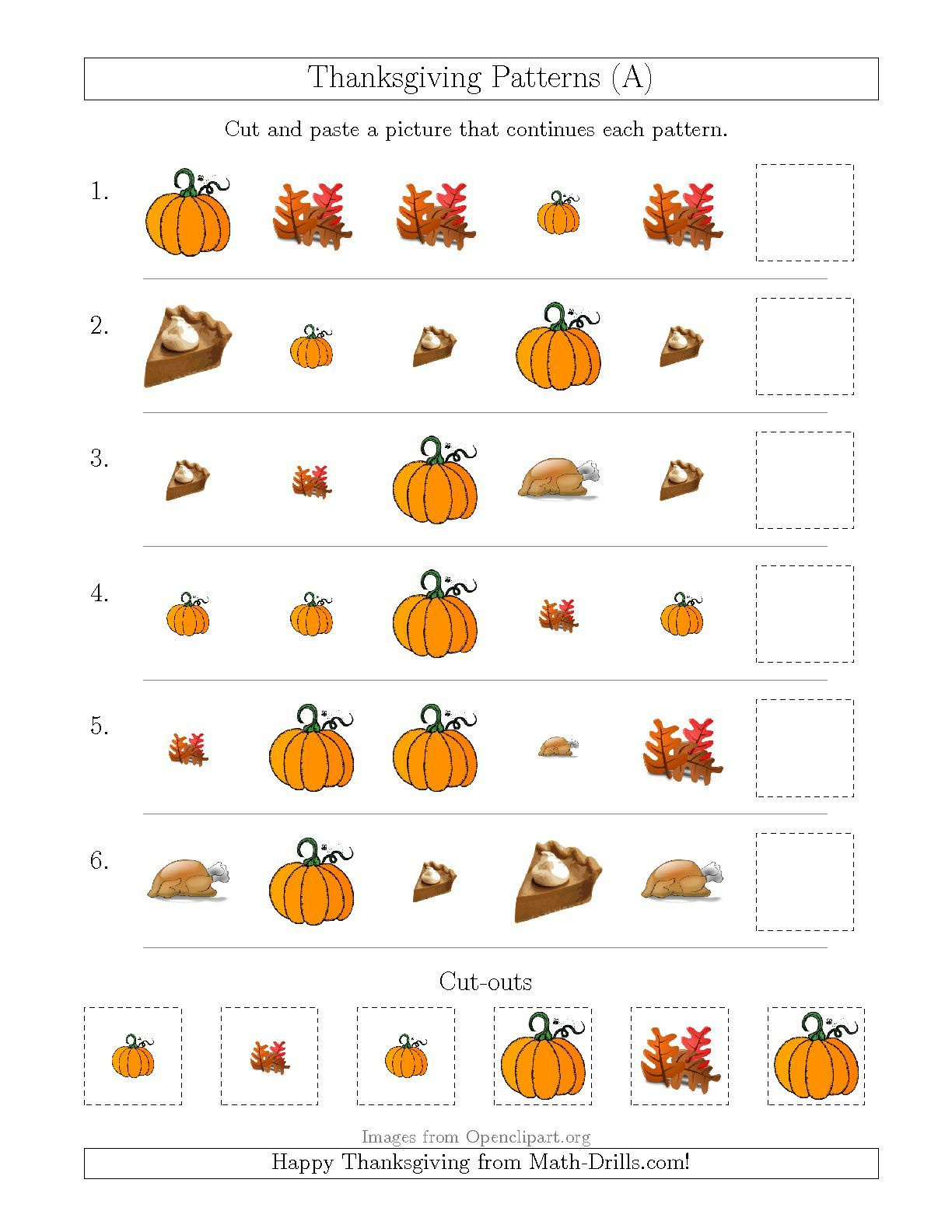 Thanksgiving Picture Patterns With Size And Shape Attributes (A) pertaining to Thanksgiving Pattern Worksheets