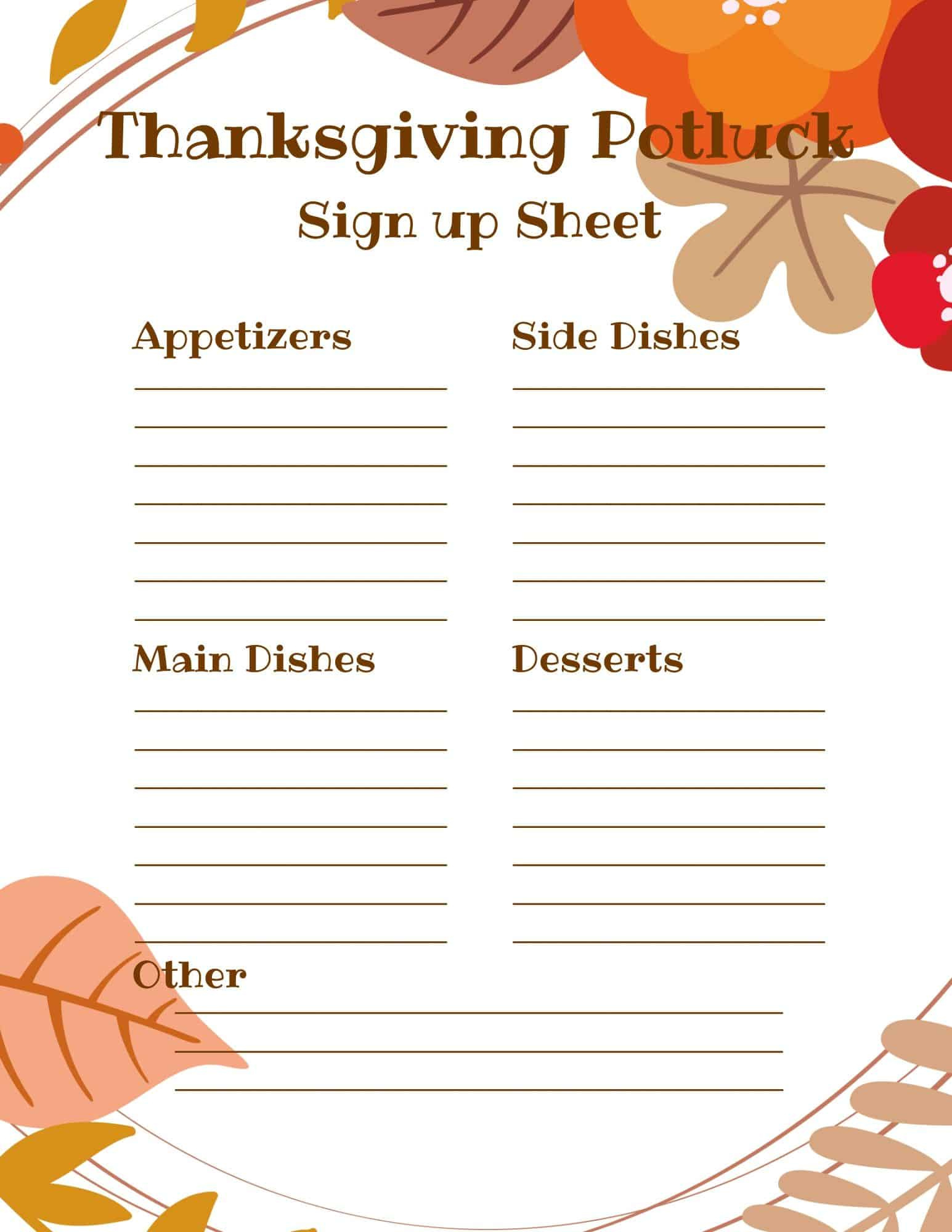 Thanksgiving Potluck Sign Up Sheet - throughout Thanksgiving Potluck List Printable