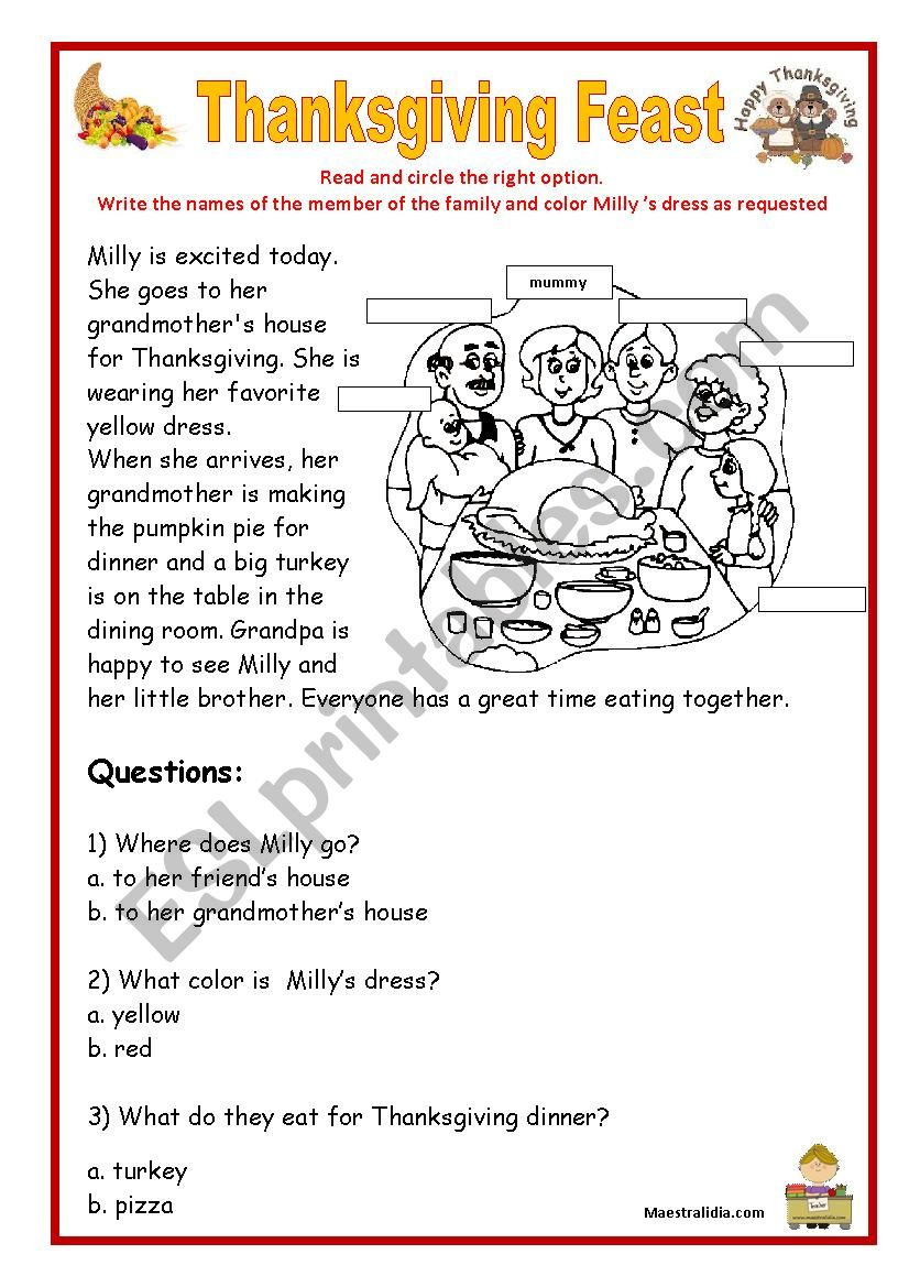 Thanksgiving Reading And Comprehension - Esl Worksheetmaestralidia for Thanksgiving Reading Worksheets