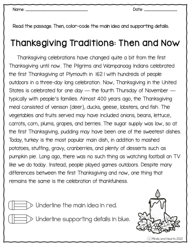 2nd Grade Thanksgiving Reading Comprehension Worksheets