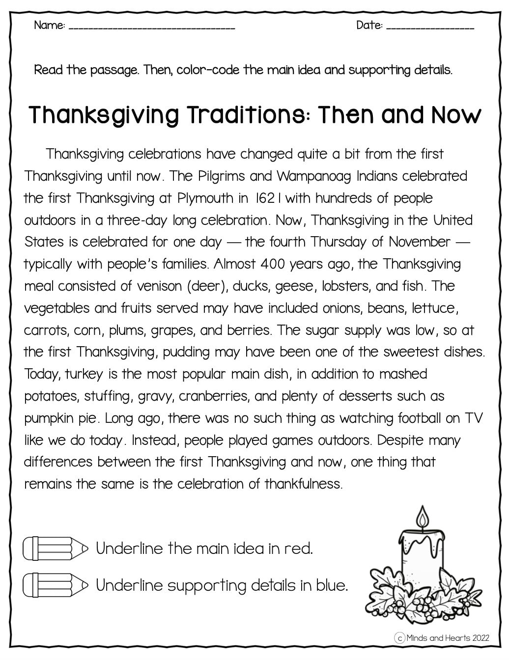 Thanksgiving Reading Comprehension: Main Idea And Details Short regarding 2nd Grade Thanksgiving Reading Comprehension Worksheets