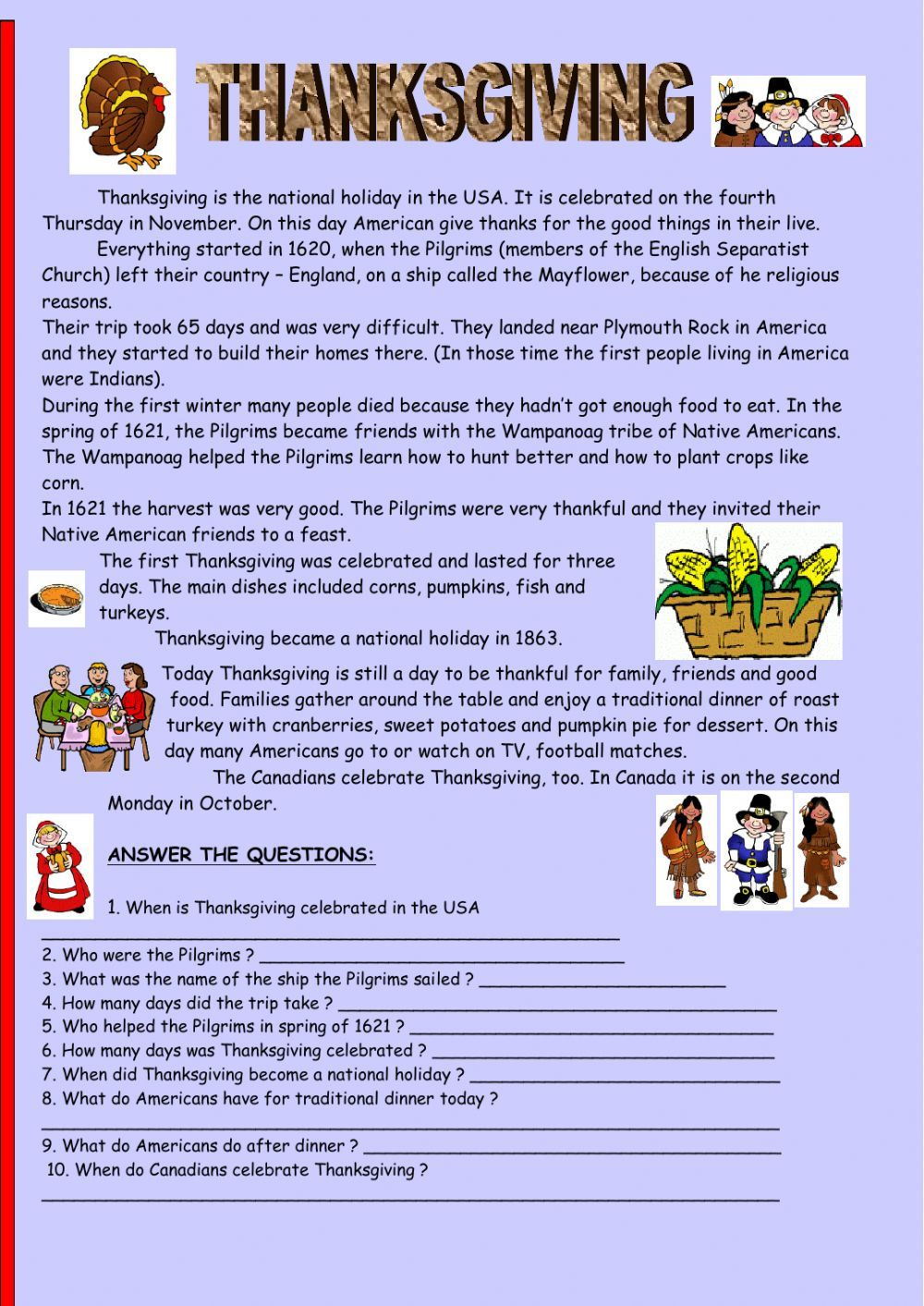 Thanksgiving Reading Comprehension Worksheet for Free Printable Thanksgiving Reading Comprehension Worksheets