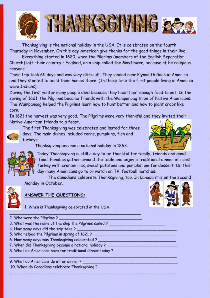 Thanksgiving Comprehension Worksheets