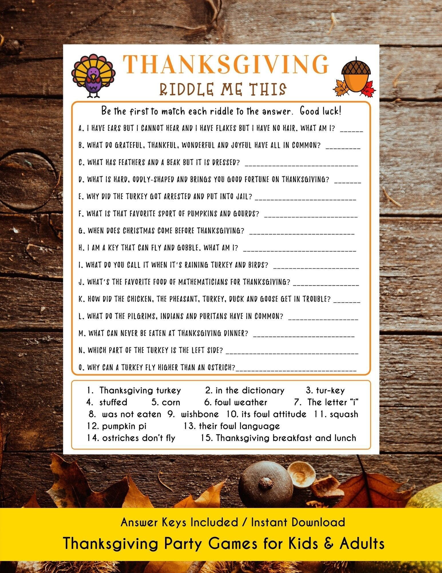 Thanksgiving Riddles Game Thanksgiving Printable Game Fun Holiday in Thanksgiving Riddles Printable