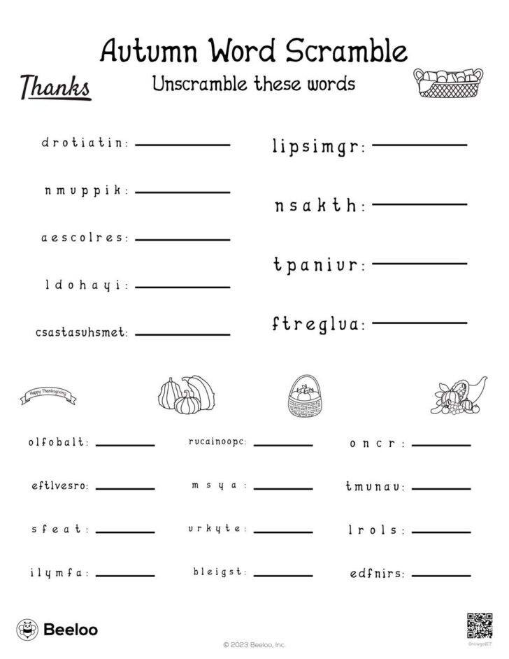 Unscramble Thanksgiving Words Worksheet