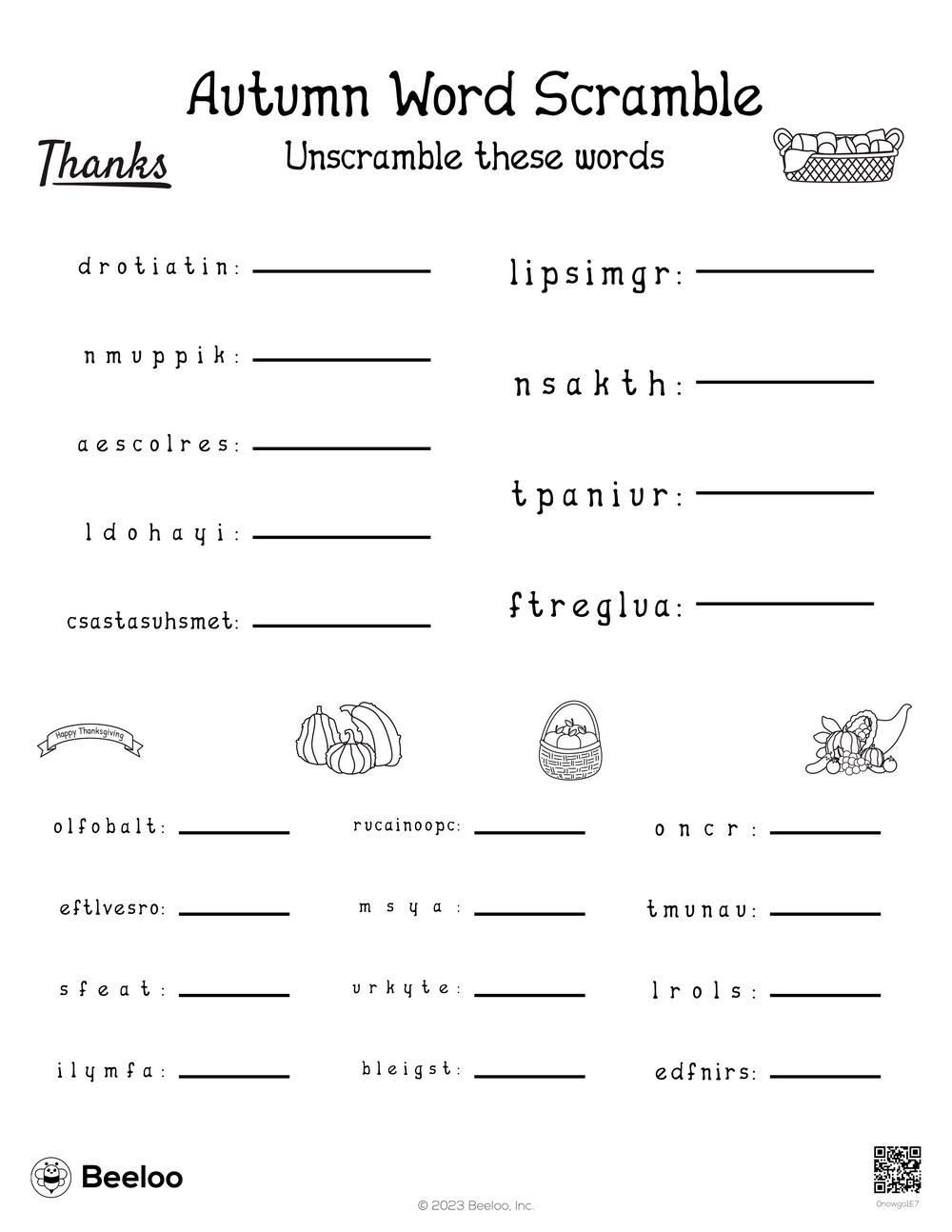 Thanksgiving-Themed Word Scrambles • Beeloo Printable Crafts And intended for Unscramble Thanksgiving Words Worksheet