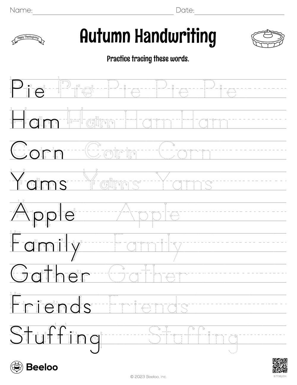 Thanksgiving-Themed Word Tracing Worksheets • Beeloo Printable for Thanksgiving Handwriting Worksheets