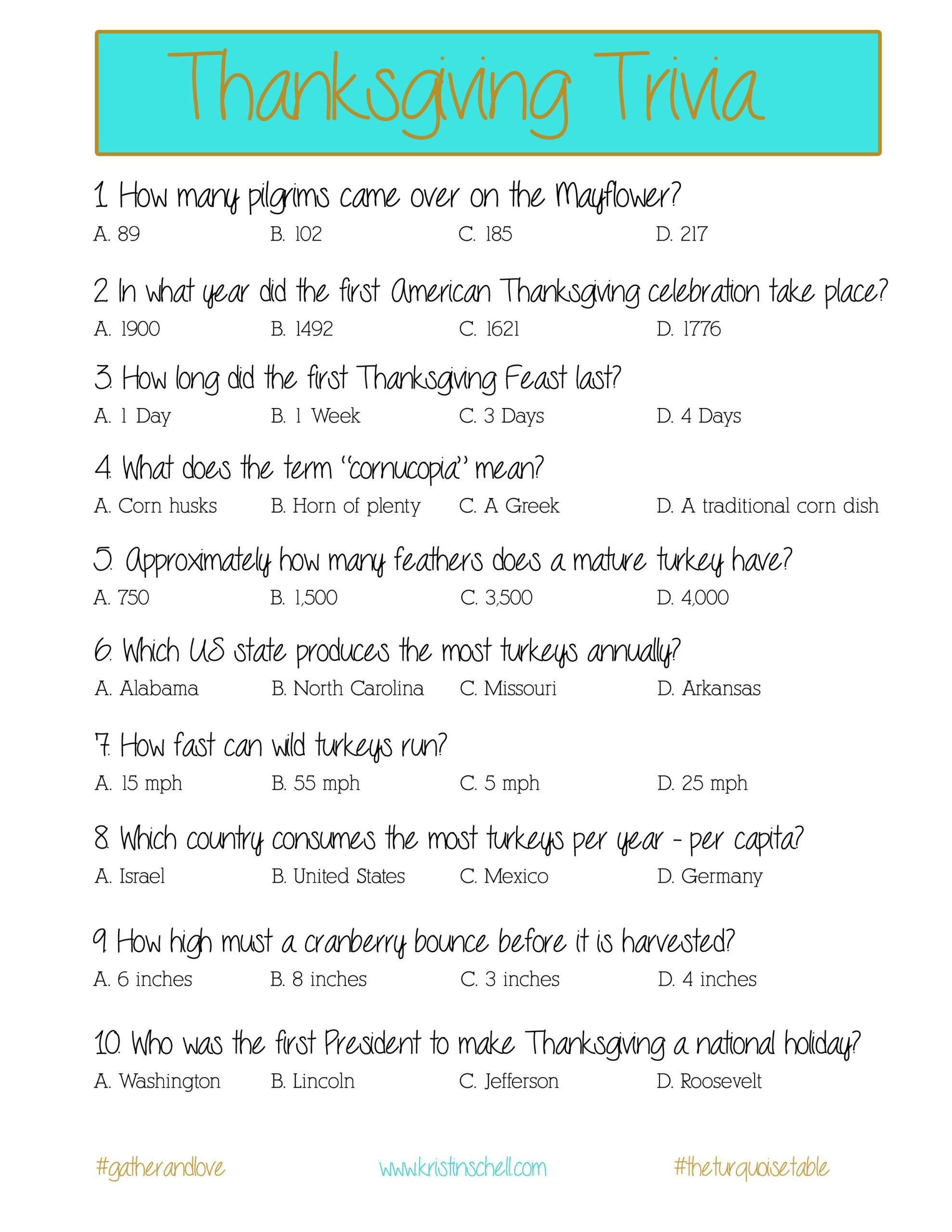 Thanksgiving Trivia {A Printable For Your Gathering} - The for Free Printable Thanksgiving Trivia Questions And Answers