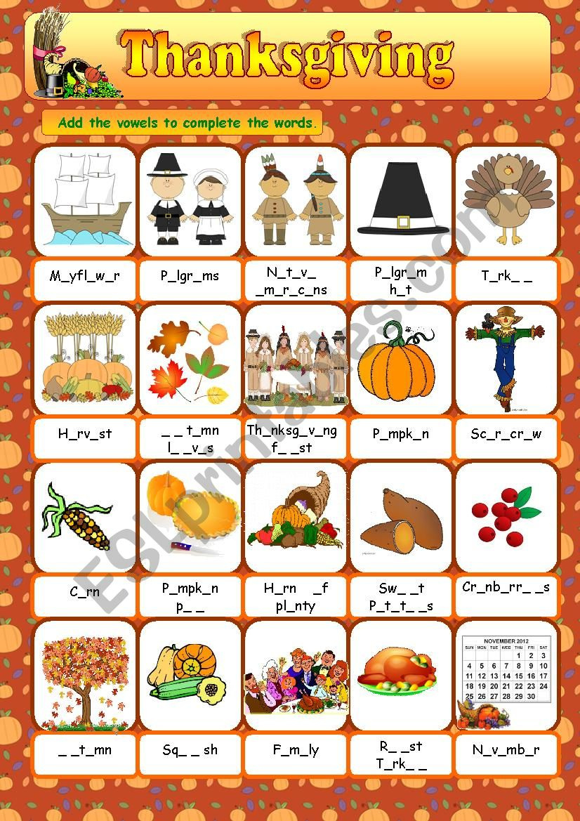 Thanksgiving Vocabulary - Esl Worksheetanna P with regard to Esl Thanksgiving Worksheets