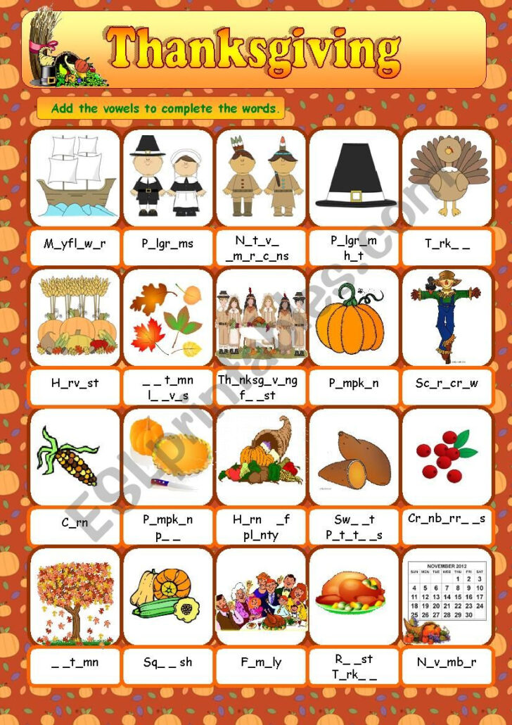 Thanksgiving ESL Worksheets