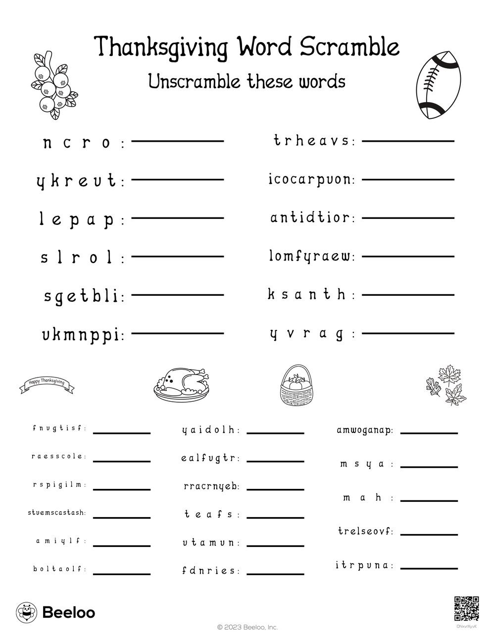 Thanksgiving Word Scramble • Beeloo Printable Crafts And throughout Thanksgiving Word Scramble Printable