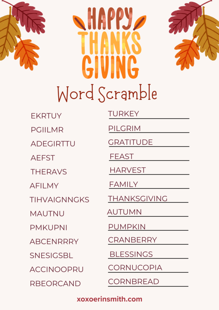 Thanksgiving Unscramble Worksheets