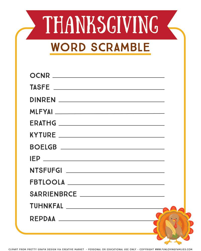 Thanksgiving Word Scramble: Printable Activity For Kids - Fun pertaining to Thanksgiving Word Scramble Printable