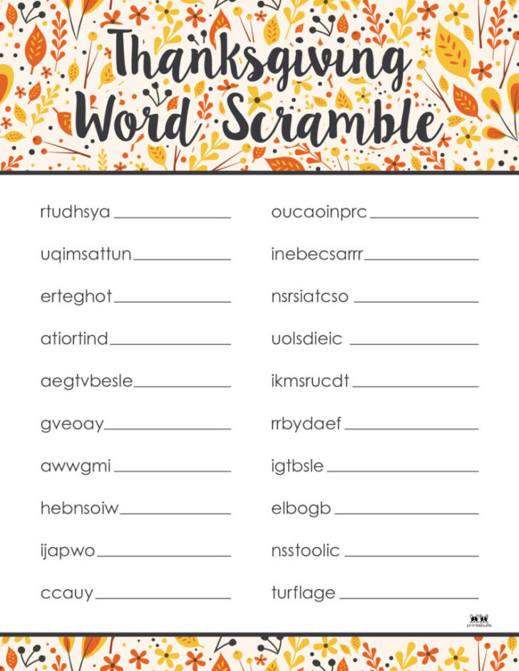 Free Printable Thanksgiving Word Scramble With Answers